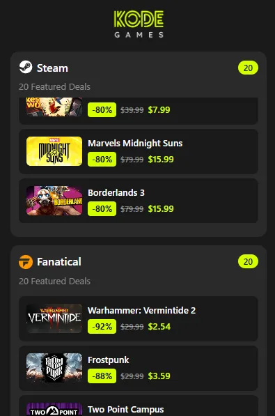 Kode Games Extension Interface showing game deals from Epic Games and Steam